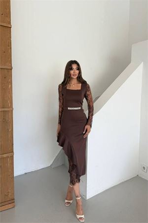 Kadın datelli etek volanlı asimetrik elbise DPNC2603