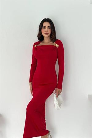 Kadın kayık yaka gol aksesuarlı elbise DPK4386