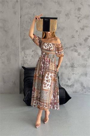 Neşeli butik kadın yazlık kare yaka desenli viskon elbise NBQ002