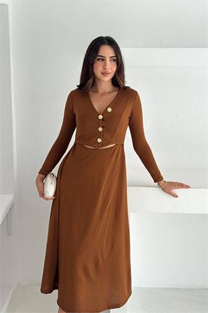 Kadın düğme detaylı kahverengi v yaka bel dekolteli midi boy elbise DPK4368
