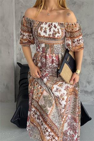 Neşeli butik kadın yazlık kare yaka desenli viskon elbise NBQ002