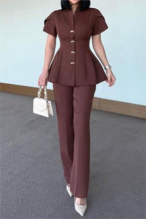 Kadın kahverengi gold düğme detaylı peplum kesim premium takım DPSTR4423