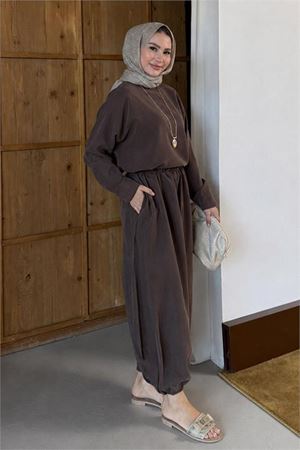 Kadın kahverengi asimetrik tunik pantolon oversize tesnsel tesettür takım NMS104