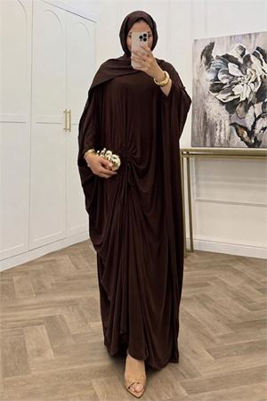 Kadın kahverengi büzgü detaylı premium tunik pantolon tesettür takım NMS103