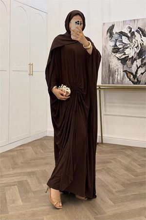 Kadın kahverengi büzgü detaylı premium tunik pantolon tesettür takım NMS103