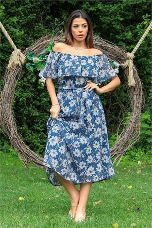 Neşeli butik kadın indigo madonna kuşaklı çiçek desenli şifon elbise NB10037