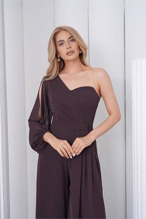 Kadın kahverengi tek kol astarlı tül kumaş tasarım abiye tulum DPS9389