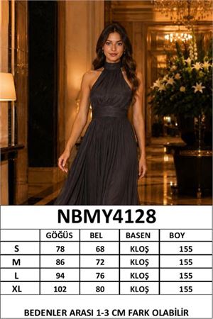 Kadın kahverengi halter yaka janjan kumaş premium abiye elbise DPMY4128
