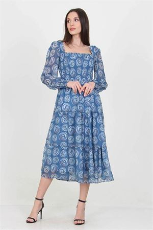 Neşeli butik kadın indigo gipeli kare yaka desenli şifon elbise NB100361