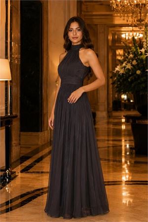 Kadın kahverengi halter yaka janjan kumaş premium abiye elbise DPMY4128