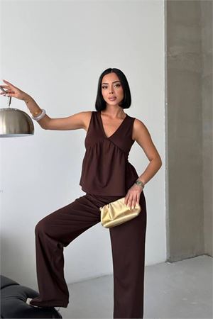 Kadın kahverengi modal kumaş volanlı atlet geniş paça pantolon yazlık ikili takım DPG132