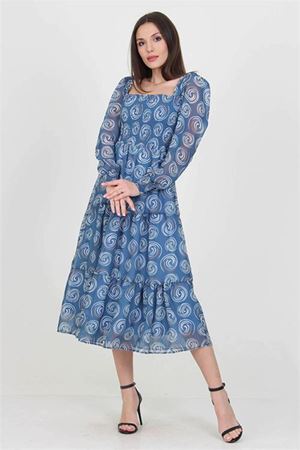 Neşeli butik kadın indigo gipeli kare yaka desenli şifon elbise NB100361