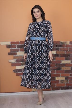 Neşeli butik kadın kemerli yaka detaylı uzun şifon elbise RY0032