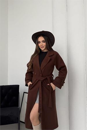 Kadın premium kuşaklı reglan kol düğmeli antrasit kaşe kaban DPKBN01