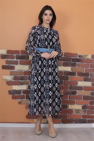 Neşeli butik kadın kemerli yaka detaylı uzun şifon elbise RY0032