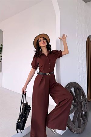 Neşeli butik kadın gömlek yaka kemerli geniş paça tulum NBK4197