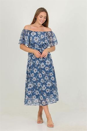 kadın madonna yaka kuşaklı desenli şifon elbise RY10037