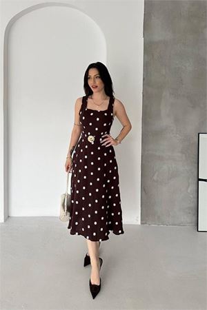 Kadın kahverengi çiçek nakışlı kemer detaylı kare yaka midi boy yazlık elbise ---- DPK086