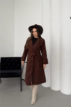 Kadın premium kuşaklı reglan kol düğmeli antrasit kaşe kaban DPKBN01