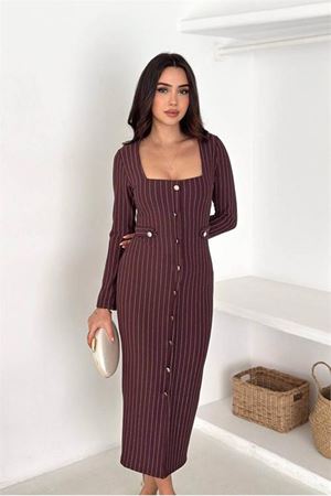 Kadın çizgili desen kare yaka midi boy düğme detaylı elbise DPK069