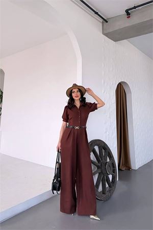 Neşeli butik kadın gömlek yaka kemerli geniş paça tulum NBK4197