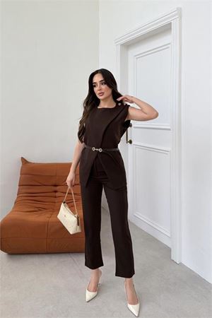 Kadın kahverengi omuz düğme detaylı kolsuz blazer pantolon takım ---DPTKM4061
