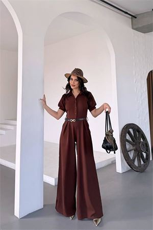 Neşeli butik kadın gömlek yaka kemerli geniş paça tulum NBK4197