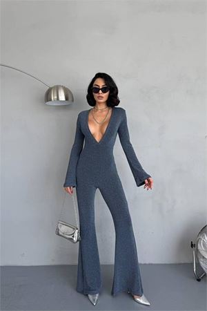 Neşeli butik kadın indigo dekolteli novel sim maxi tulum NBDF118