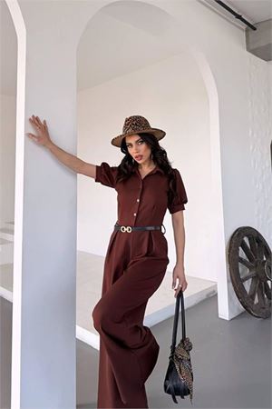 Neşeli butik kadın gömlek yaka kemerli geniş paça tulum NBK4197