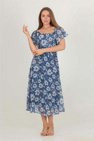 kadın madonna yaka kuşaklı desenli şifon elbise RY10037