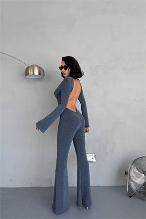 Neşeli butik kadın indigo dekolteli novel sim maxi tulum NBDF118