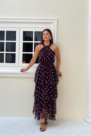 Kadın kahverengi puantiye desenli halter yaka bluz kat kat etek ikili takım DPMY4093