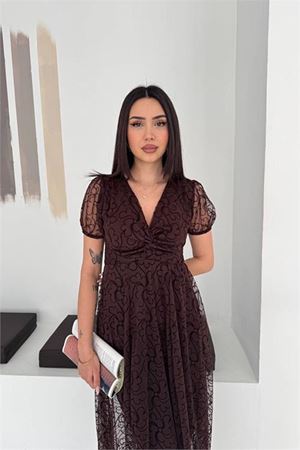 Kadın kahverengi asimetrik kesim flok baskılı midi boy elbise DPK078