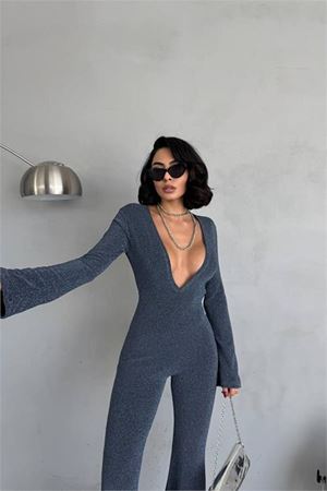 Neşeli butik kadın indigo dekolteli novel sim maxi tulum NBDF118