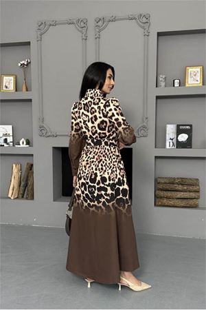 Neşeli butik kadın kahverengi leopar desen atlas kumaş düğmeli ithal elbise NBMS2597