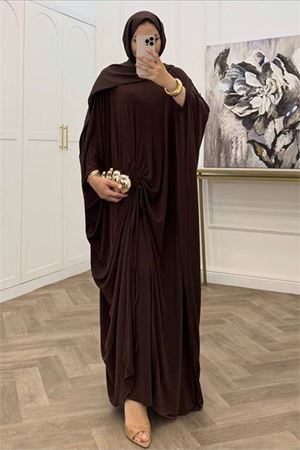 Kadın kahverengi büzgü detaylı premium tunik pantolon tesettür takım NMS103