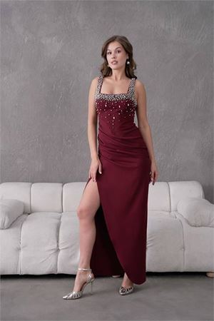 Neşeli butik kadın taş detaylı askılı uzun abiye elbise NBS9367