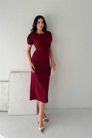 Kadın bordo midi boy büzgü detaylı balon kol dar kesim elbise DPK4574