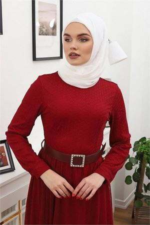 kadın tül kemerli tesettür elbise DPRSSN45 - Bordo
