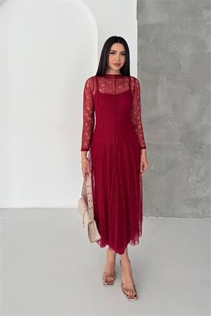 Kadın bordo midi boy transparan detaylı astarlı dantel elbise DPK080