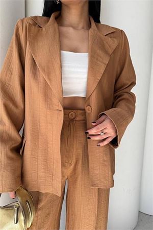 Kadın camel oversize tek düğmeli blazer ceket pantolon takım DPSTR4085