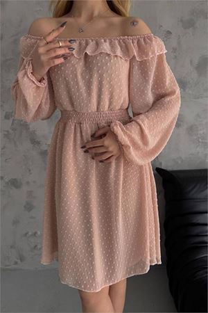 Neşeli butik kadın camel madonna yaka mini ponpon şifon elbise NBK2057