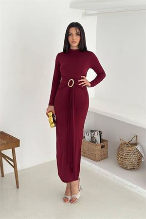 Kadın sandy kumaş uzun kollu toka detaylı elbise DPK4351
