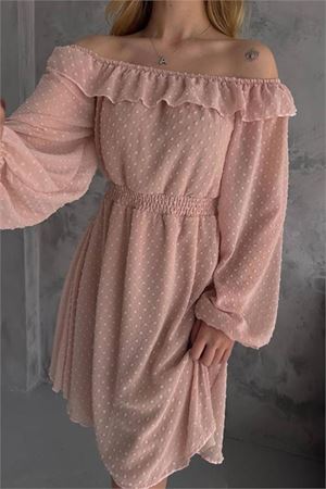 Neşeli butik kadın camel madonna yaka mini ponpon şifon elbise NBK2057