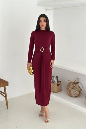 Kadın sandy kumaş uzun kollu toka detaylı elbise DPK4351