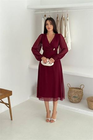 Neşeli butik kadın bordo astarlı tokalı şifon elbise NBK30281