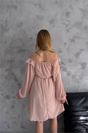 Neşeli butik kadın camel madonna yaka mini ponpon şifon elbise NBK2057