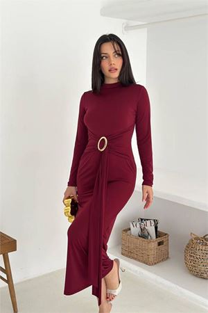 Kadın sandy kumaş uzun kollu toka detaylı elbise DPK4351
