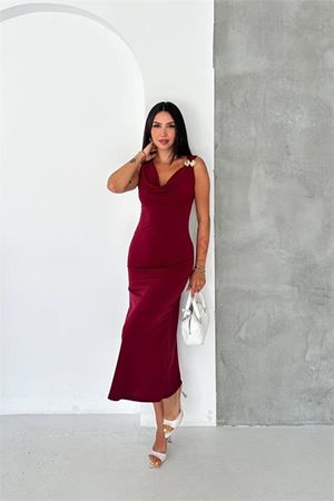 Kadın bordo omuz gold toka detaylı midi boy elbise DPK090