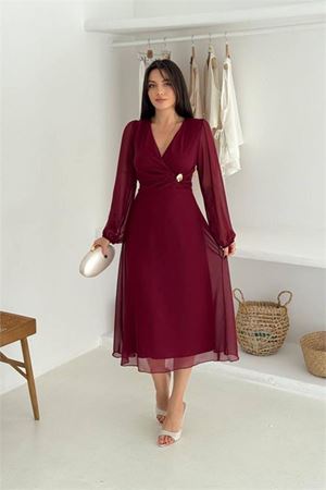Neşeli butik kadın bordo astarlı tokalı şifon elbise NBK30281